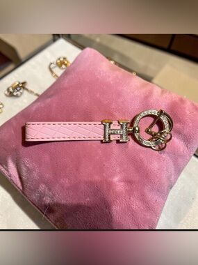Pink Vegan Leather Keychain with Gold Tone Crystal Accent